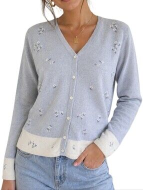 Mac and Jac Lambswool Angora Cardigan Women Large Gray White